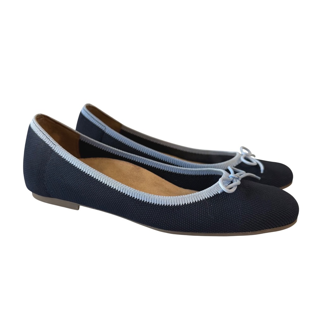 Vionic Klara Knit Ballet Flats Navy Blue Light Blue Square Toe Shoes Womens 7